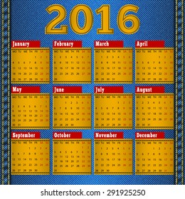 2016 Calendar jeans background, leather patch on denim