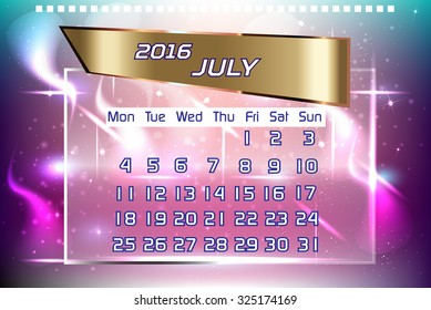 2016 calendar for july with colorful glowing background. Vector illustration.