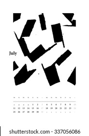 2016 Calendar July. Ready to print A3 format. The sounds of the year. Hand drawn grayscale spot illustrations. Full vector EPS 10.