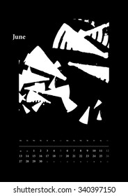 2016 Calendar June. The sounds of the year. Hand drawn grayscale spot illustrations. Full vector EPS 10.