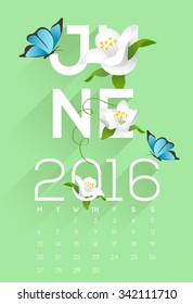 2016 Calendar : June : Typography And Decorative items : Vector Illustration