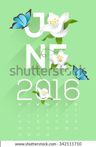 2016 Calendar : June : Typography And Decorative items : Vector Illustration