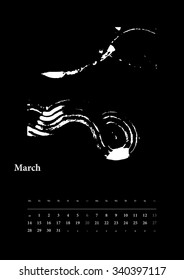 2016 Calendar March. The sounds of the year. Hand drawn grayscale spot illustrations. Full vector EPS 10.