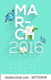 2016 Calendar : March : Typography And Decorative items : Vector Illustration