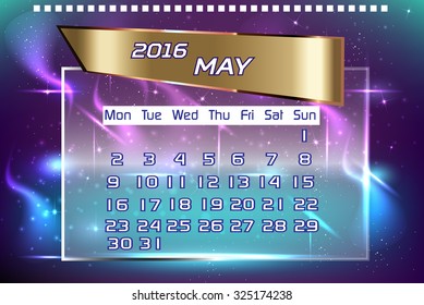 2016 calendar for may with colorful glowing background. Vector illustration.