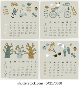 2016 calendar of May, June, July and August with cute illustrations in cartoon style