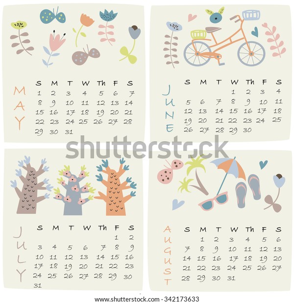 16 Calendar May June July August Stock Vector Royalty Free