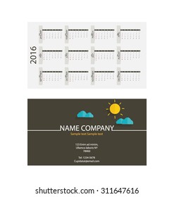 2016 calendar, Modern business card template with nature background. Vector illustration.