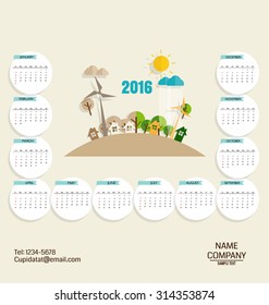 2016 calendar, Modern business card template with nature background. Vector illustration.