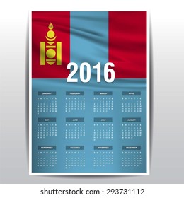 2016 Calendar - Mongolia Country Flag Banner - Happy new Year calendar template - Week starts with Sunday - Vector illustration