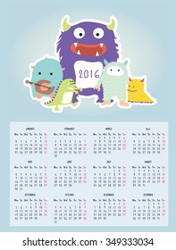  2016 Calendar with monsters cartoon. vector illustration.