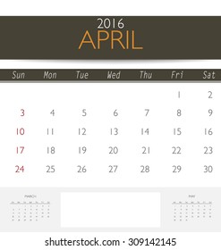 2016 calendar, monthly calendar template for April. Vector illustration.