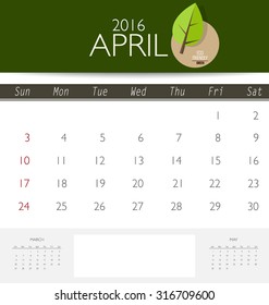 2016 calendar, monthly calendar template for April. Vector illustration.