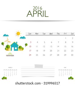 2016 calendar, monthly calendar template for April. Vector illustration.