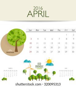 2016 calendar, monthly calendar template for April. Vector illustration.