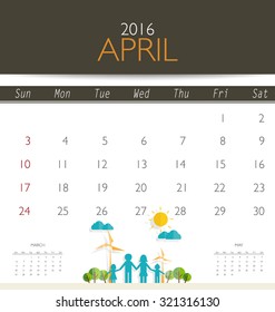 2016 calendar, monthly calendar template for April. Vector illustration.