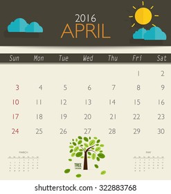 2016 calendar, monthly calendar template for April. Vector illustration.