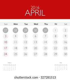 2016 calendar, monthly calendar template for April. Vector illustration.