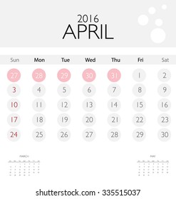 2016 calendar, monthly calendar template for April. Vector illustration.
