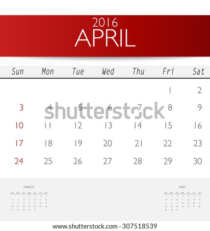 2016 calendar, monthly calendar template for April. Vector illustration.
