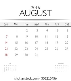 2016 calendar, monthly calendar template for August. Vector illustration.