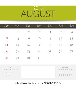 2016 calendar, monthly calendar template for August. Vector illustration.