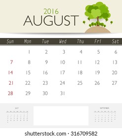 2016 calendar, monthly calendar template for August. Vector illustration.