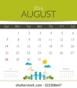 2016 calendar, monthly calendar template for August. Vector illustration.