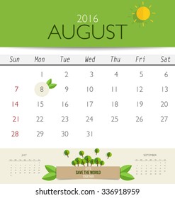 2016 calendar, monthly calendar template for August. Vector illustration.