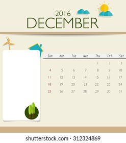 2016 calendar, monthly calendar template for December. Vector illustration.