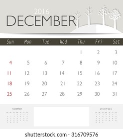 2016 calendar, monthly calendar template for December. Vector illustration.