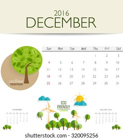 2016 calendar, monthly calendar template for December. Vector illustration.