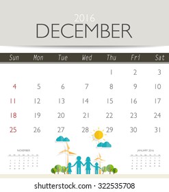 2016 calendar, monthly calendar template for December. Vector illustration.