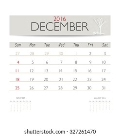 2016 calendar, monthly calendar template for December. Vector illustration.