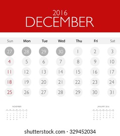 2016 calendar, monthly calendar template for December. Vector illustration.