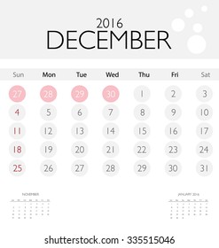 2016 calendar, monthly calendar template for December. Vector illustration.