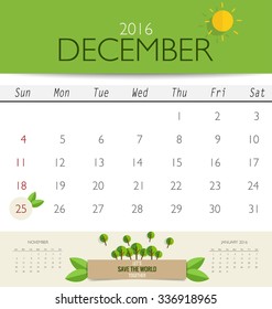 2016 calendar, monthly calendar template for December. Vector illustration.