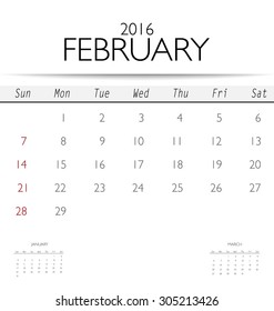 2016 calendar, monthly calendar template for February. Vector illustration.