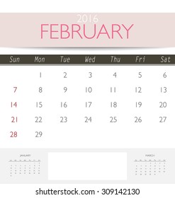 2016 calendar, monthly calendar template for February. Vector illustration.