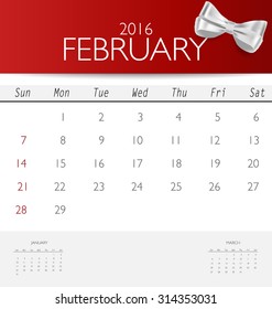 2016 calendar, monthly calendar template for February. Vector illustration.