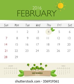 2016 calendar, monthly calendar template for February. Vector illustration.