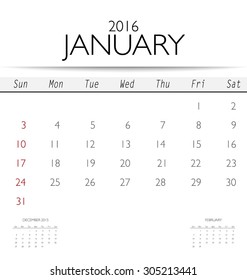 2016 calendar, monthly calendar template for January. Vector illustration.