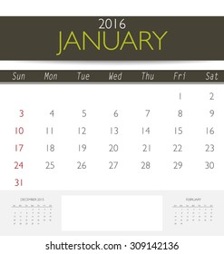 2016 calendar, monthly calendar template for January. Vector illustration.