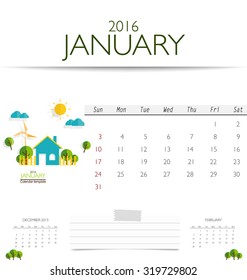 2016 calendar, monthly calendar template for January. Vector illustration.