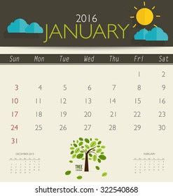 2016 calendar, monthly calendar template for January. Vector illustration.