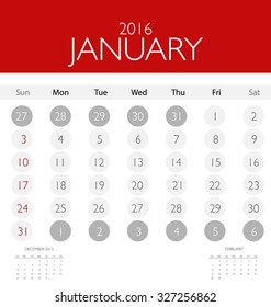 2016 calendar, monthly calendar template for January. Vector illustration.
