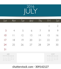 2016 calendar, monthly calendar template for July. Vector illustration.