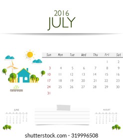 2016 calendar, monthly calendar template for July. Vector illustration.