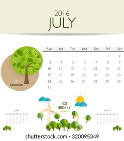 Calendario 2016, plantilla de calendario mensual para julio. Ilustración vectorial.
