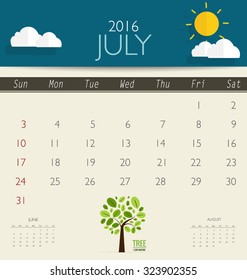 2016 calendar, monthly calendar template for July. Vector illustration.